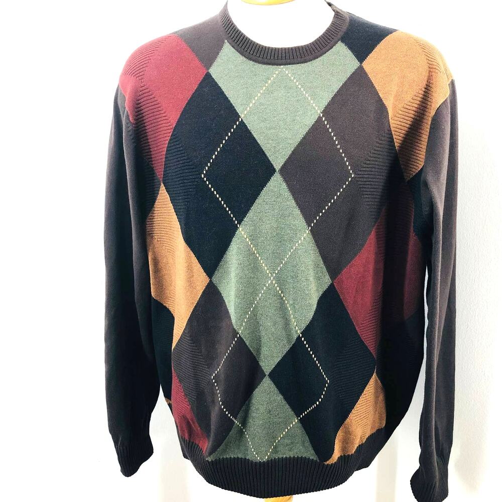 Alex Cannon Men's Cotton Knit Pullover Sweater Geometric Diamond Brown XL